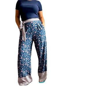 Women's Matilda Jane Wide Leg Fluid Blue Foral Pants with Tie Waist